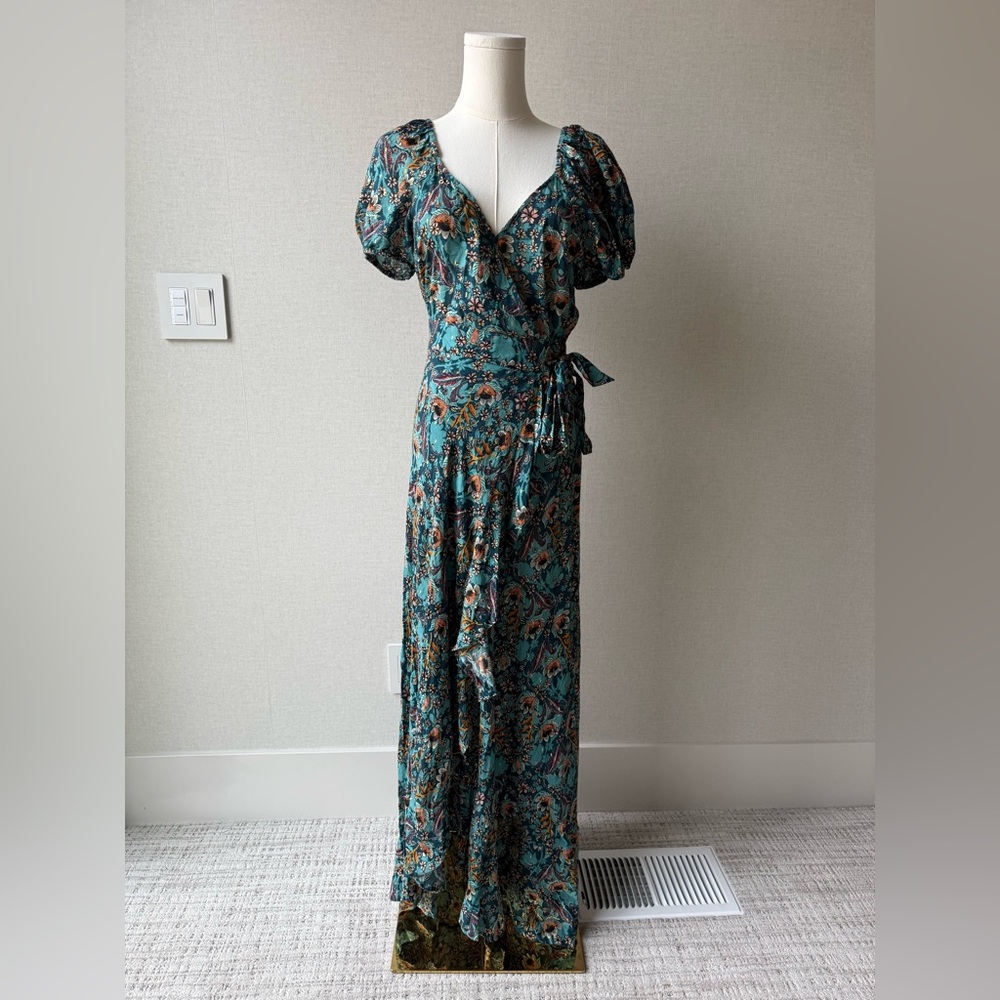 Floral Teal Wrap Maxi Dress with Puff Sleeves